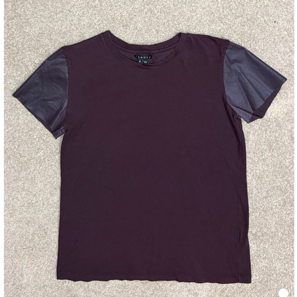 Theory Rodiona G Stay Tee T Shirt P Top Genuine Leather Trim Short Sleeve Crew
